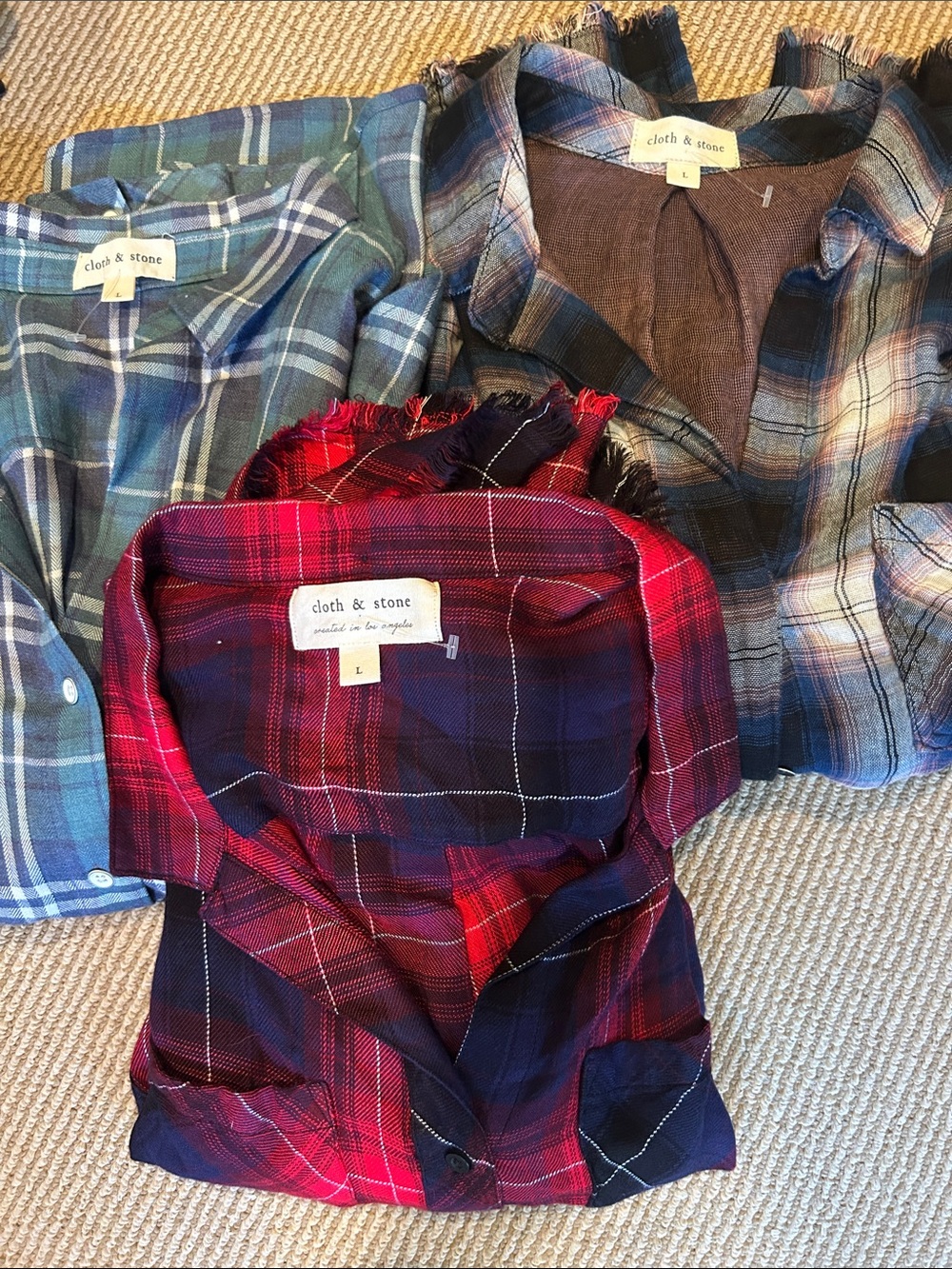 3 NWOT ANTHRO cloth & stone fall Plaid Button-Down Trio Red, Blue & Green large